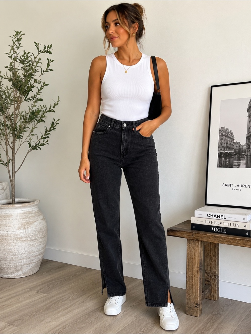 Cotton On Split Hem Jeans Black High Rise Straight Leg Size 2
